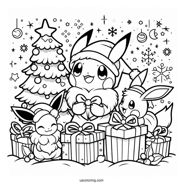 Pokemon Christmas Coloring Page Christmas Eevee And Pikachu Opening Presents