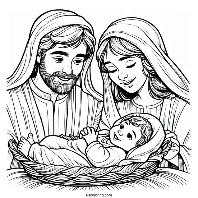 Nativity Coloring Page Of Smiling Joseph And Mary With Baby Jesus