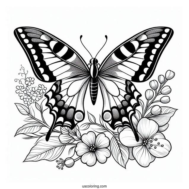 Swallowtail Butterfly Coloring Page Perched On Flowers And Leaves