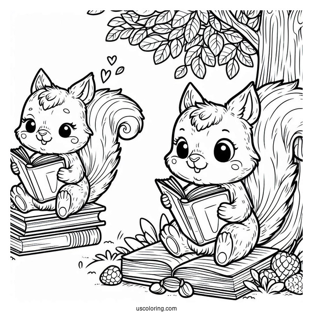 Cute Squirrel Coloring Page Reading Book On Top Of Tree