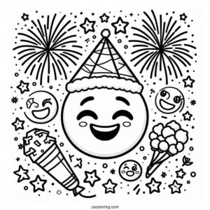 New Year Coloring Page Of Smiling Emoji With Fireworks And Stars