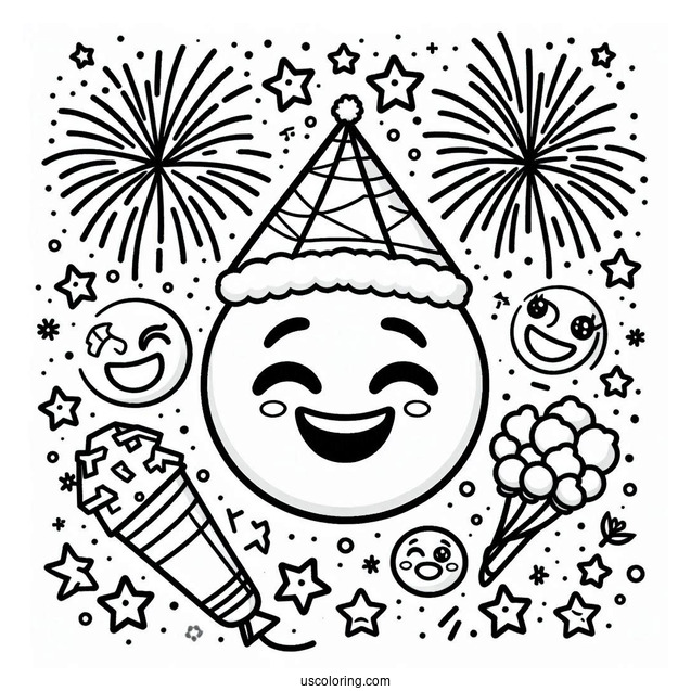 New Year Coloring Page Of Smiling Emoji With Fireworks And Stars