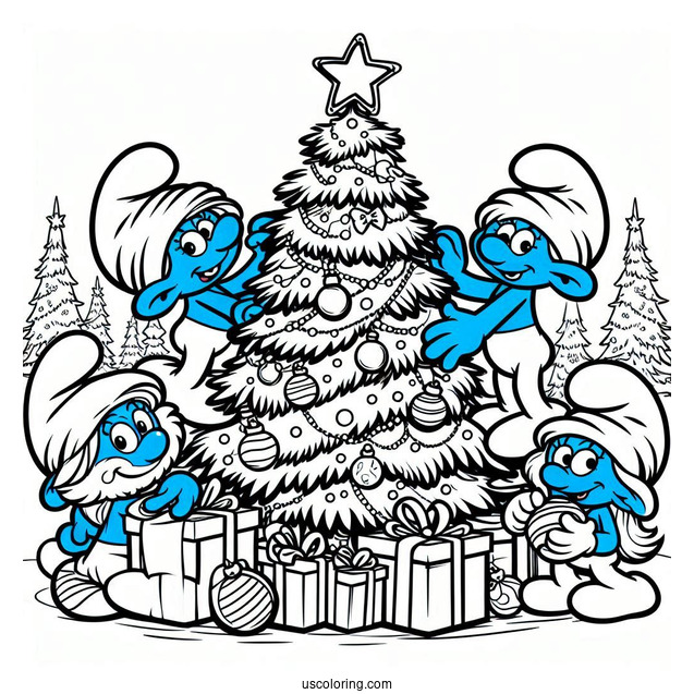The Smurfs Decorating Christmas Tree Coloring Page