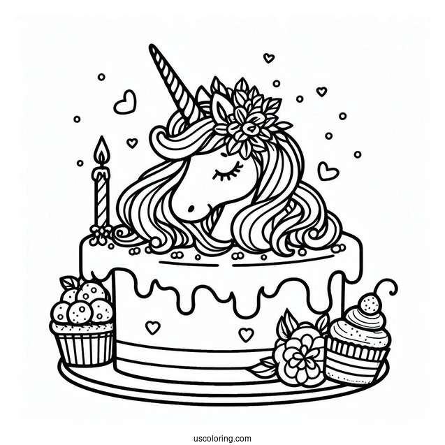 Unicorn Birthday Cake Coloring In For Kids