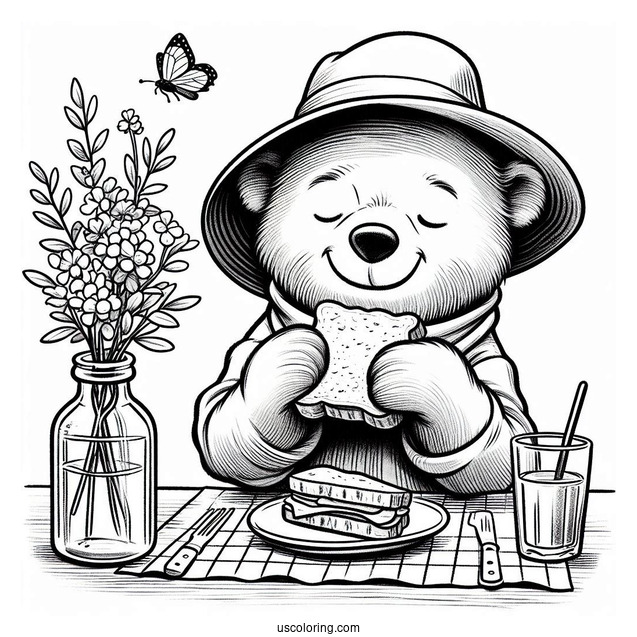 Paddington Coloring Page Eating A Sandwich With Winnie The Pooh