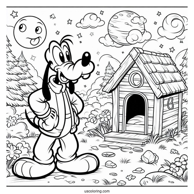 Confuse Goofy Standing Outside Dog House With Pluto Coloring Page