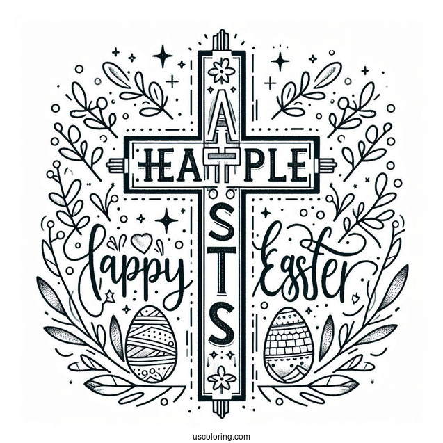 Happy Easter Words With Cross Coloring Page For Kids