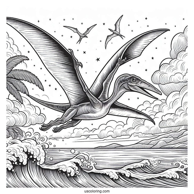 Realistic Pterodactyl Coloring Page Flying Over The Sea