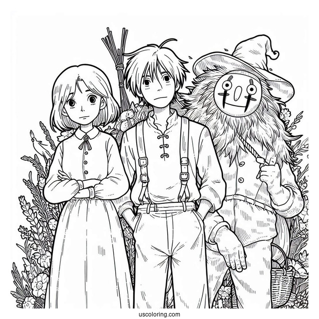 Studio Ghibli Coloring Page of Markl, Hin, and Scarecrow From Howl s Moving Castle