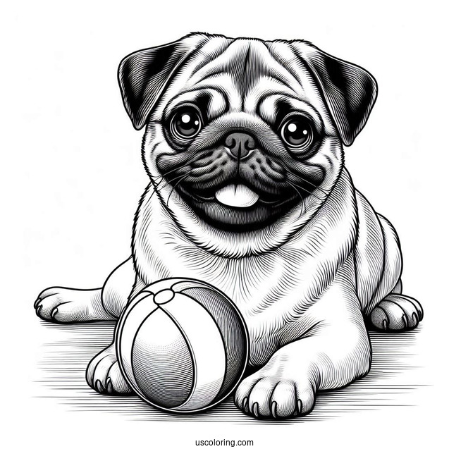 Realistic Looking Pug With Ball To Color