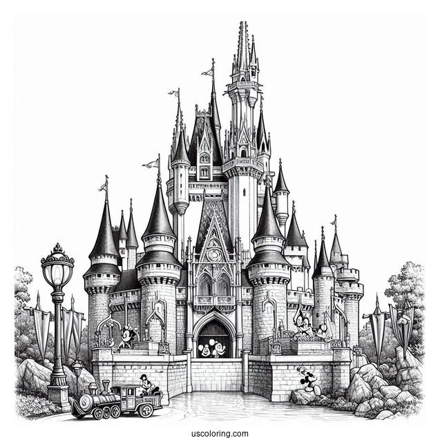 Realistic Disney World Castle Coloring Page With Walt Disney And Mickey Mouse