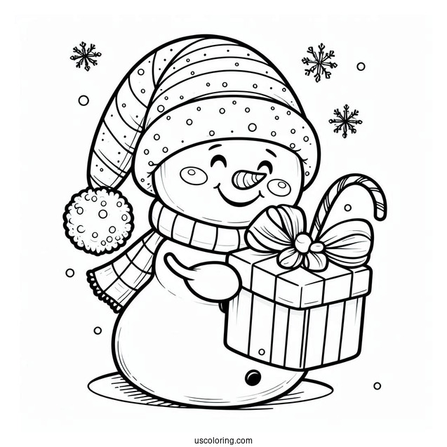 Adorable Snowman Giving a Present To Color