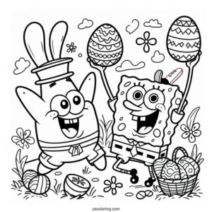 Easter Coloring Page Of SpongeBob And Patrick Star Throwing Easter Eggs