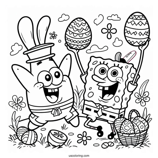 Easter Coloring Page Of SpongeBob And Patrick Star Throwing Easter Eggs