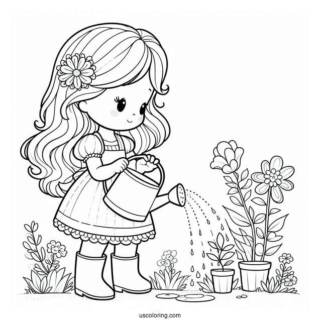 Cute Girl Watering Spring Coloring Page Flowers For Preschoolers