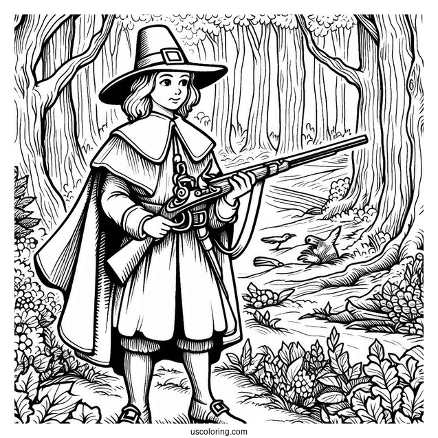 Pilgrim Coloring Page Holding A Musket In The Forest