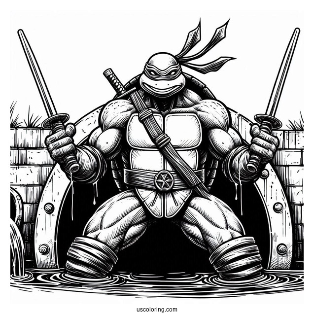 Ninja Turtles Coloring Page Of Adult Leonardo Using Dual Katana In Sewer