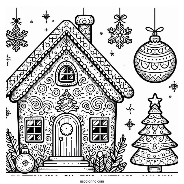 Easy Gingerbread House Christmas Ornaments Coloring Page For Kids