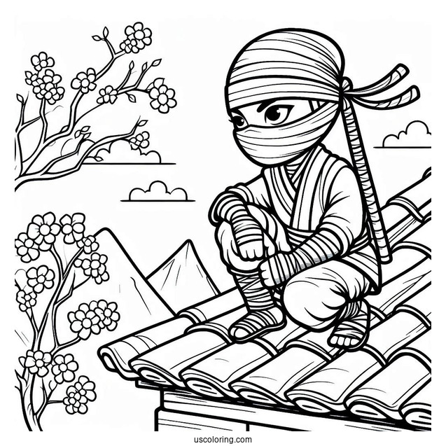 Ninja Crouched On A Roof Coloring Sheet