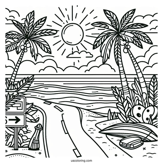 Summer Coloring Page Of Beach Scene With Road Sign, Palm Trees, And Surf Board