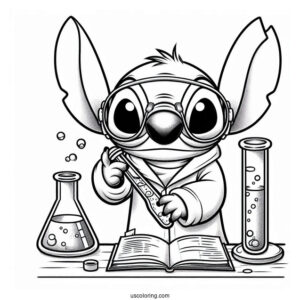 Science Coloring Page Of Mad Scientist Stitch With Goggles And Test Tube For Kids