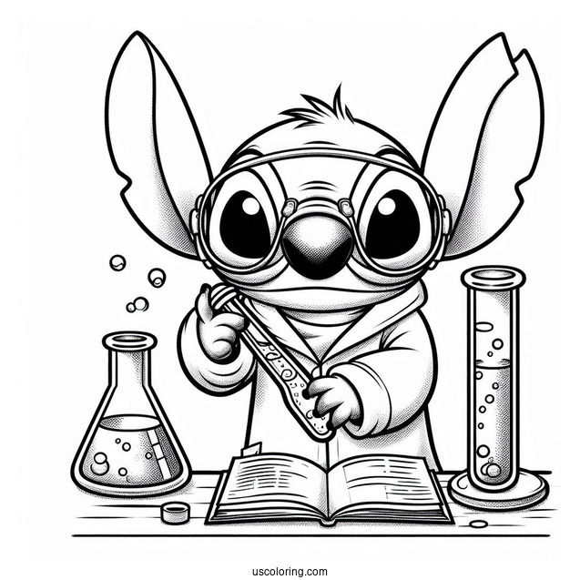 Science Coloring Page Of Mad Scientist Stitch With Goggles And Test Tube For Kids