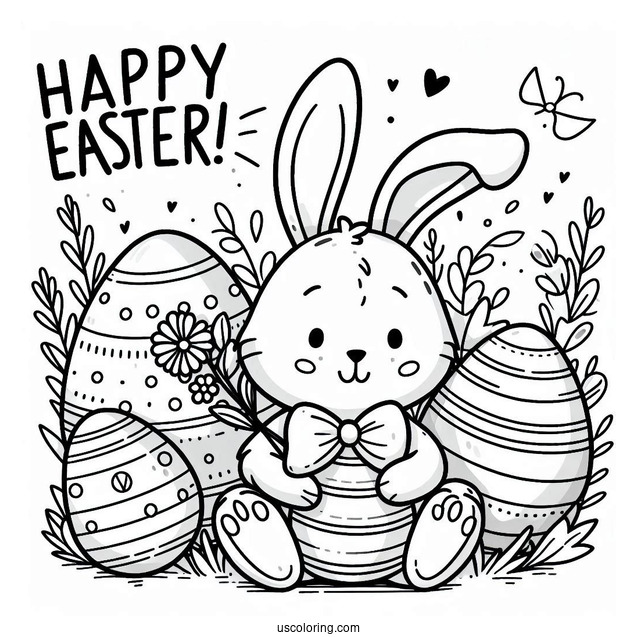 Bunny Holding Happy Easter Coloring Page Of Sign Next To Large Easter Eggs