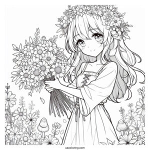Anime Girl Gathering Flowers In The Summer Coloring Page For Kids