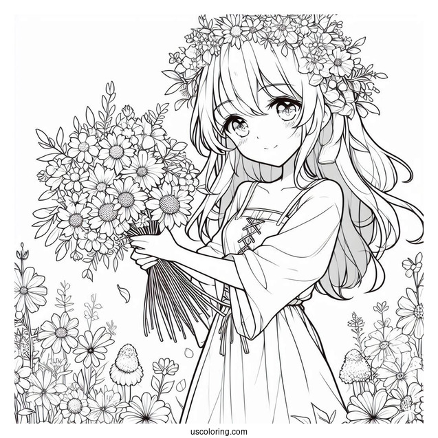 Anime Girl Gathering Flowers In The Summer Coloring Page For Kids