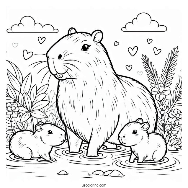 Mama Capybara Coloring Page With Babies In The Water