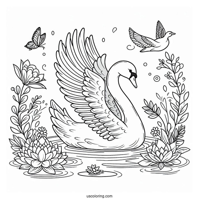 Easy Swan Coloring Page With Wings Spread Out For Kids
