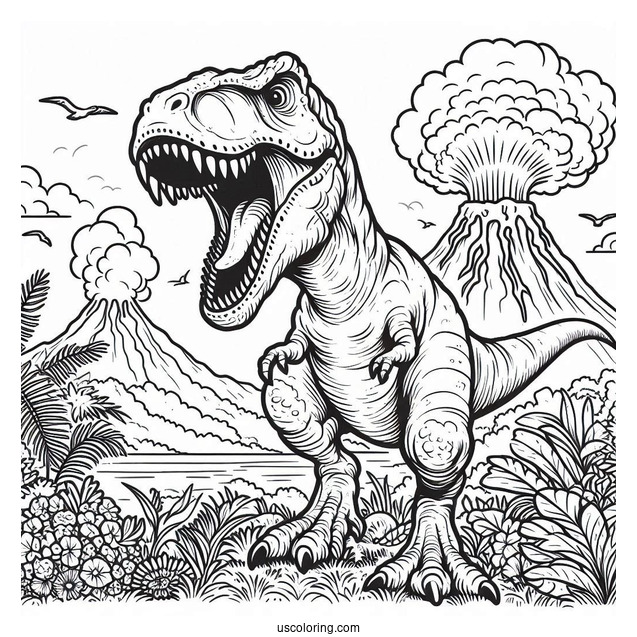 Roaring T-Rex With Volcano Erupting To Color