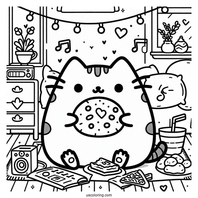 Pusheen Eating And Listening To Music In Bedroom