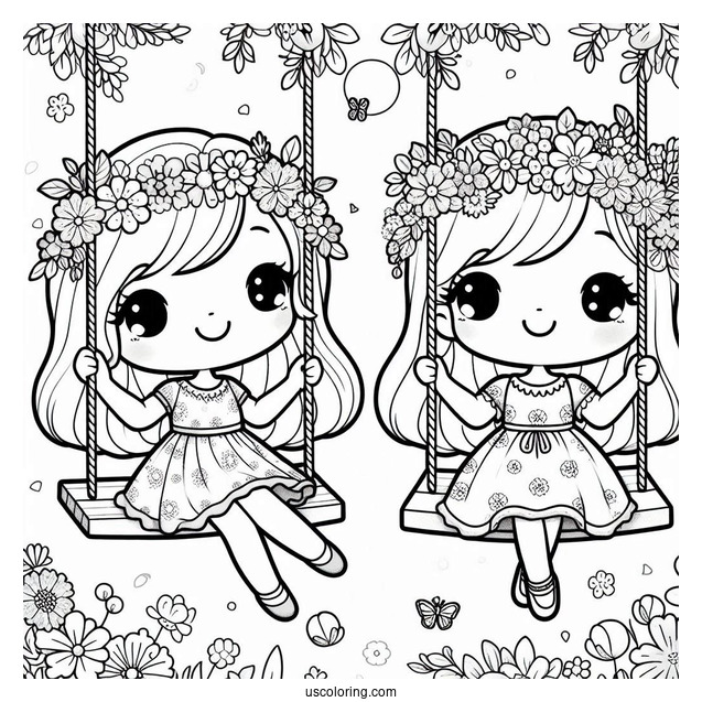Kawaii Girl On Floral Swing In Spring Coloring Page Coloring Page For Kids