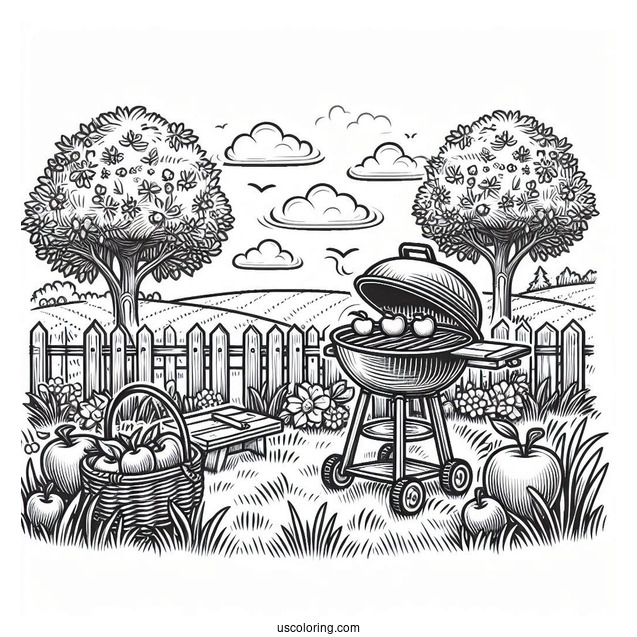 Summer Coloring Page Of Grill In The Backyard With Apples On The Grass
