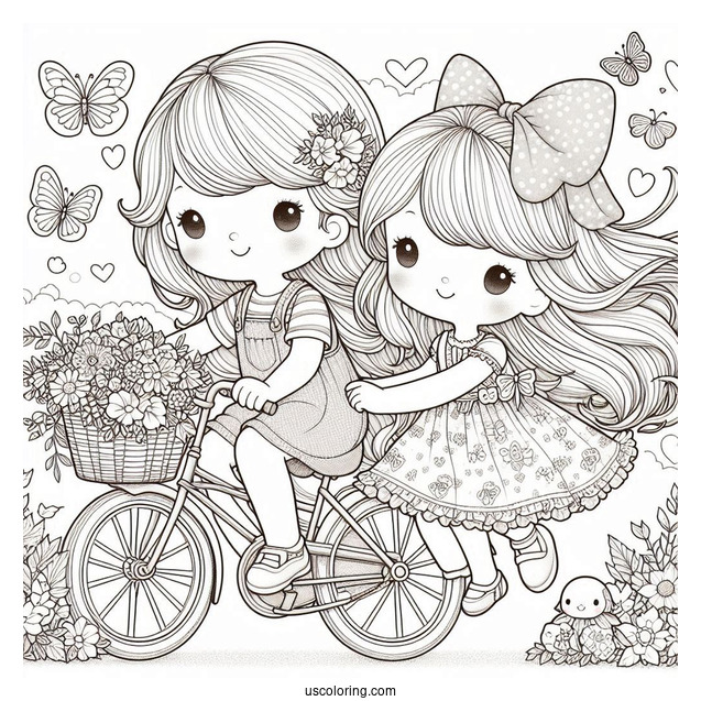 Precious Moments Coloring Page Of Two Girls Riding Bicycle