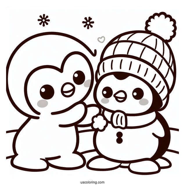 Pochacco Coloring Page And Penguin Making Snow Man For Kids