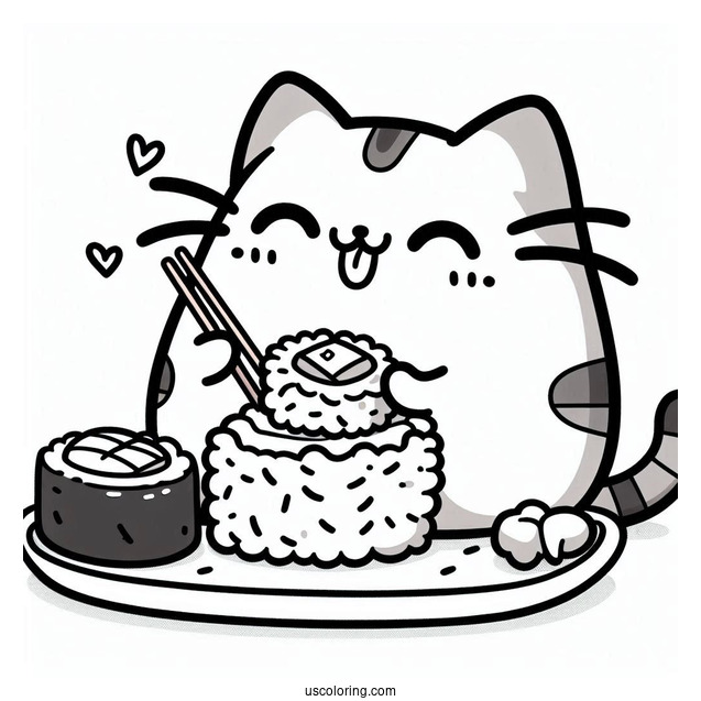 Kawaii Pusheen Eating Sushi Coloring Page