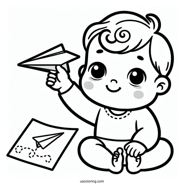 Easy Baby Coloring Page Holding A Paper Airplane