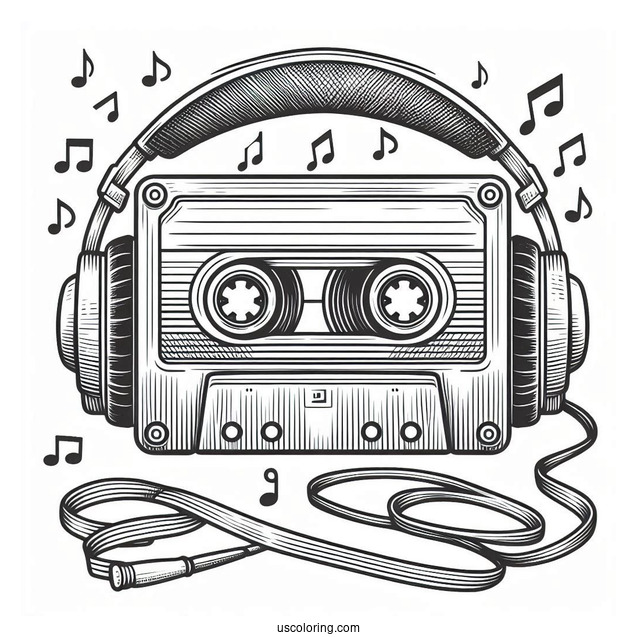 Music Coloring Page Of Retro Cassette Tape With Headphones