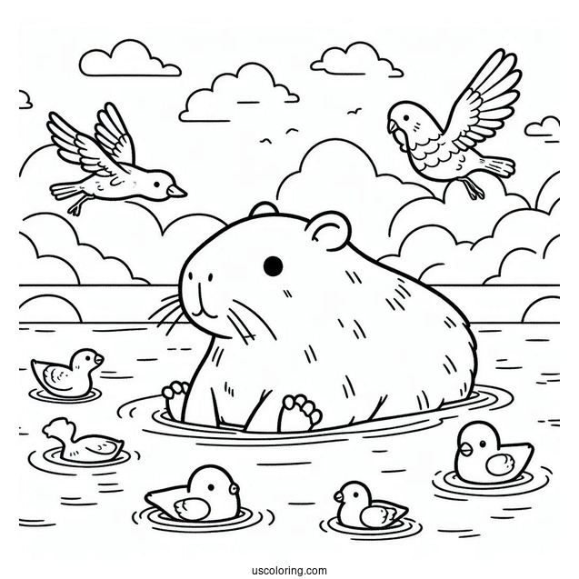 Kawaii Capybara Coloring Page Swimming With Birds For Kids