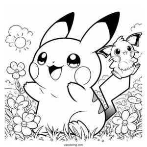 Happy Pikachu And Raichu Coloring Page On A Field