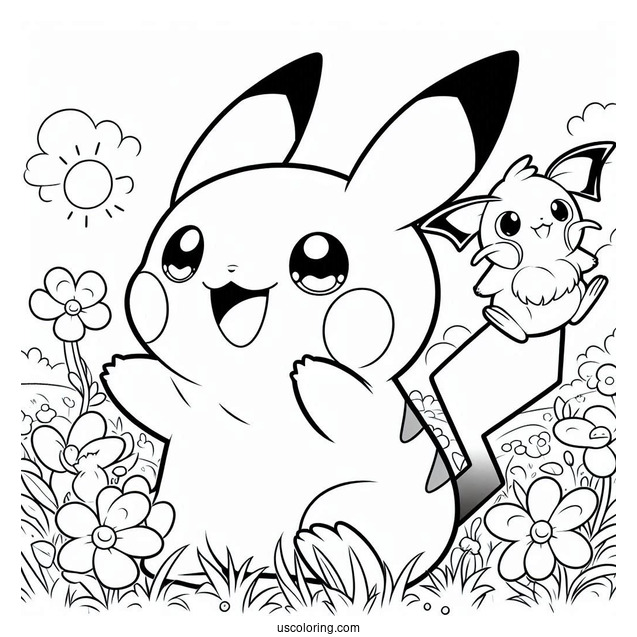 Happy Pikachu And Raichu Coloring Page On A Field