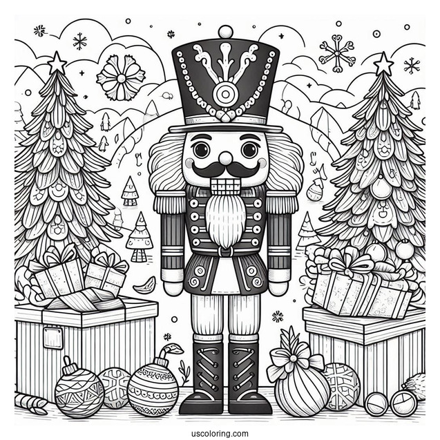 Detailed Nutcracker Coloring Page In Front Of Presents And Christmas Trees