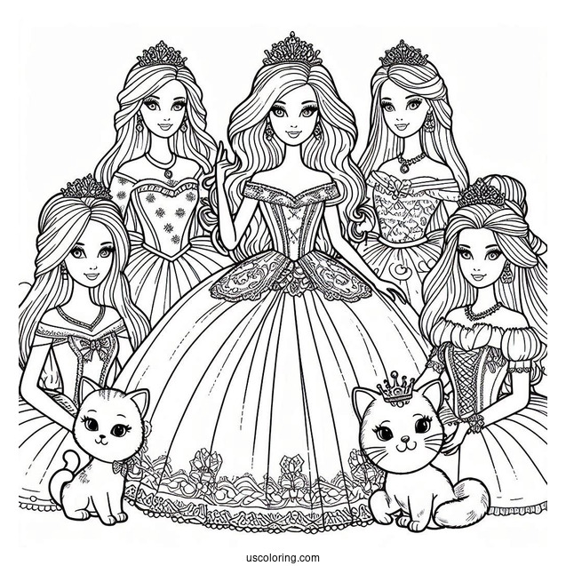 Princess Barbies With Cats Coloring Sheet