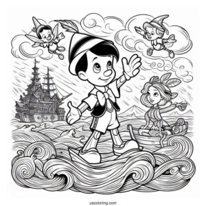 Pinocchio Coloring Page With Jiminiy, Figaro, And Cleo In Stormy Seas