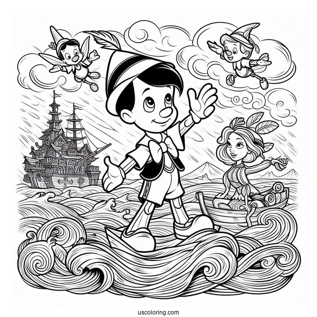 Pinocchio Coloring Page With Jiminiy, Figaro, And Cleo In Stormy Seas