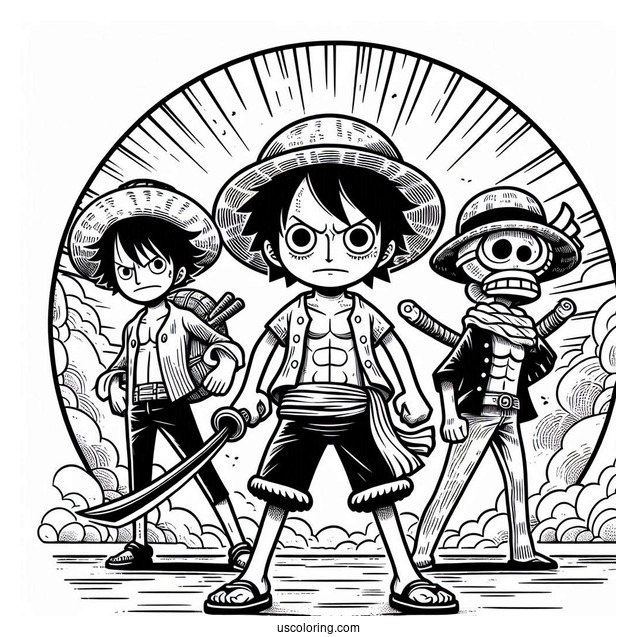 One Piece Coloring Page Of Straw Hat Pirate With Jimbei, Franky, And Brook