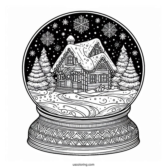 Snow Globe With Cottage In Winter Christmas Mandala Coloring Page