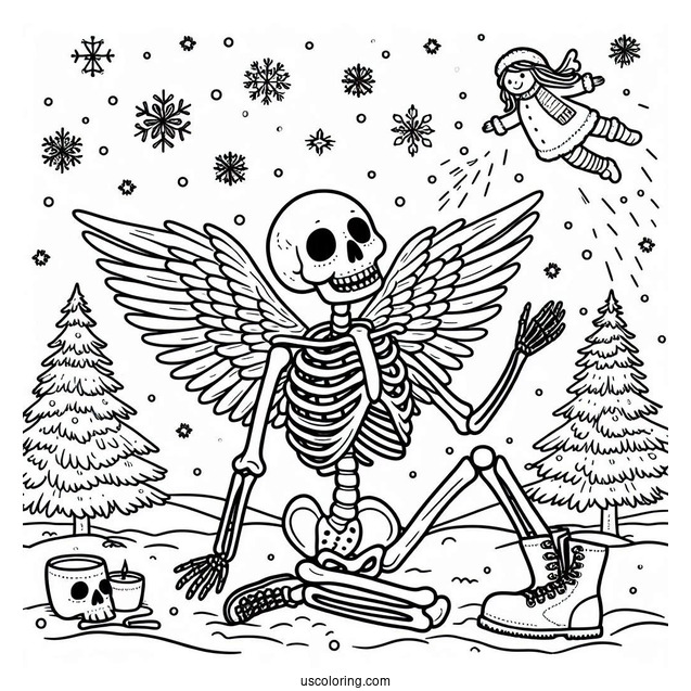Skeleton Coloring Page Making Snow Angel On Christmas